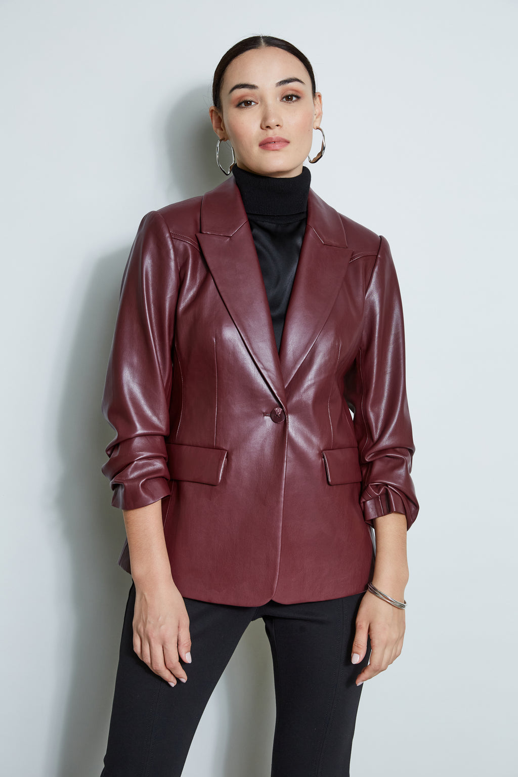 Vegan Leather Ruched Sleeve Blazer Elie Tahari