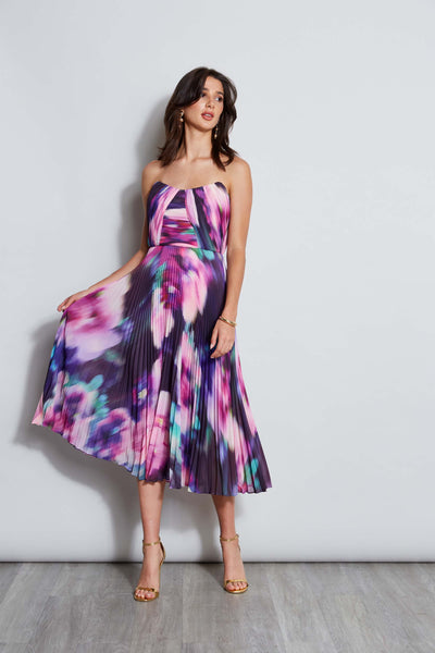 Strapless Pleated Print Midi Dress Image 1