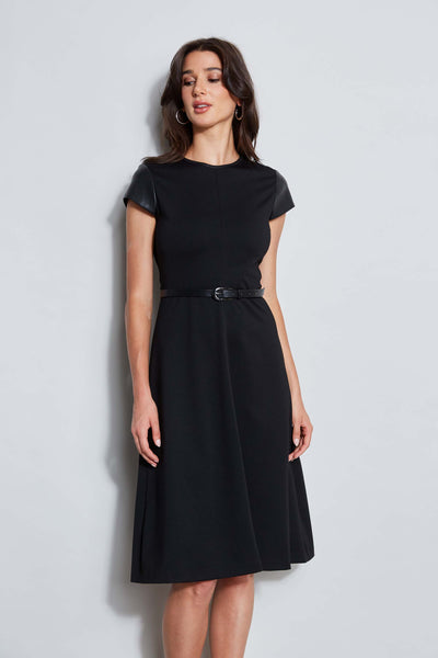 Vegan Leather Short Sleeve Belted Knit Dress Image 2