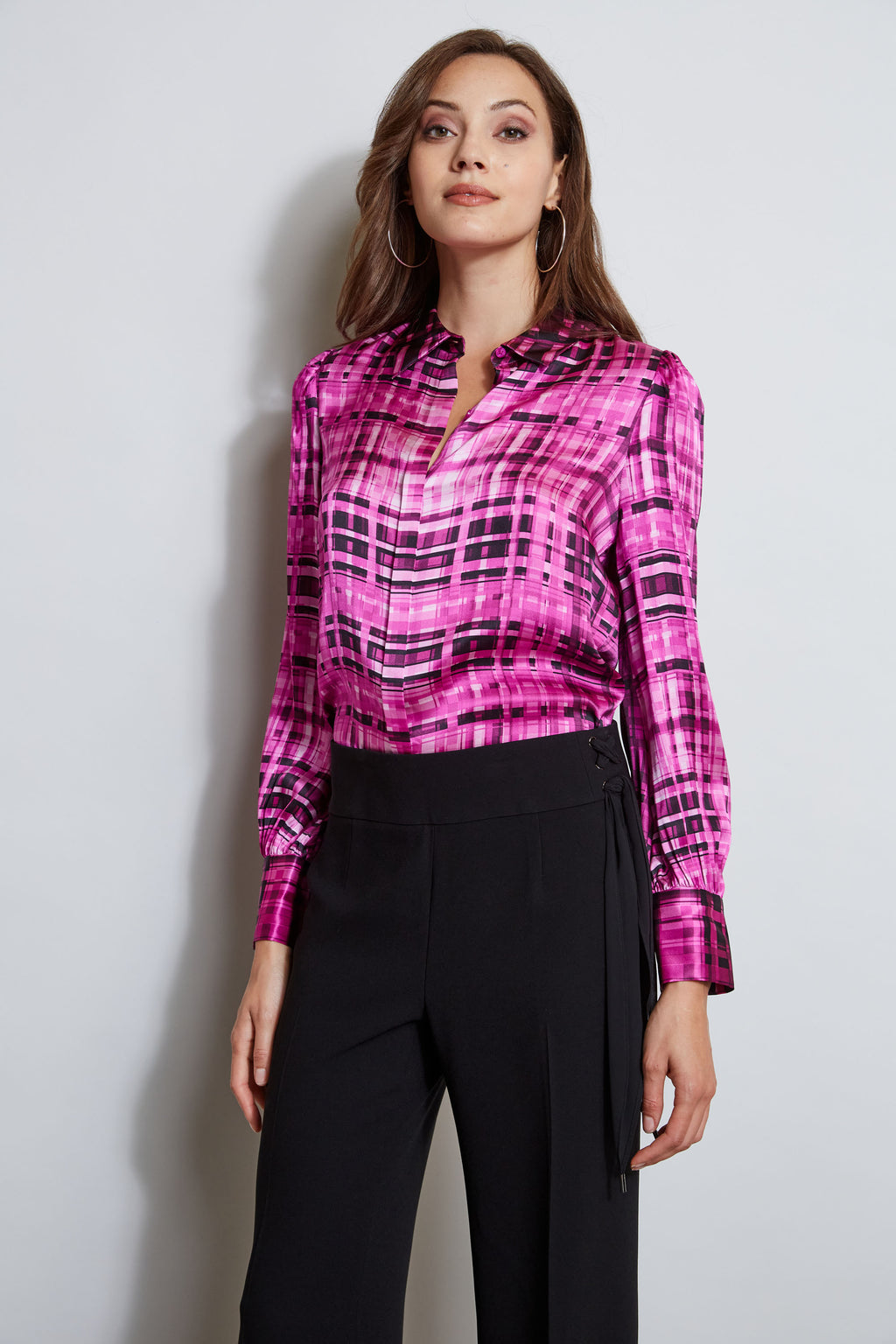 Silk Satin Bauhaus Plaid Shirt Elie Tahari