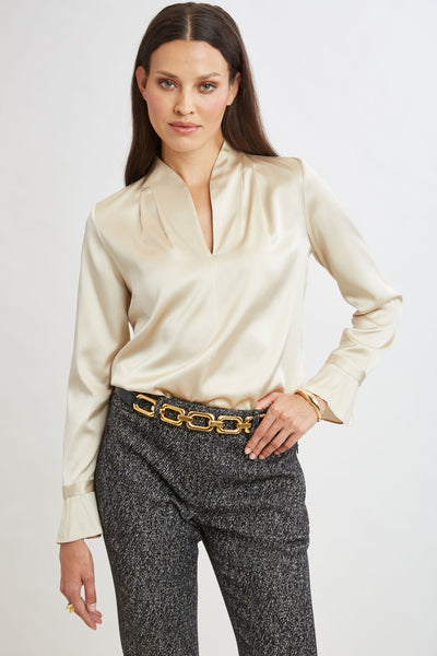 Silk Satin Contour Neck Ruffle Cuff Shirt Image 1