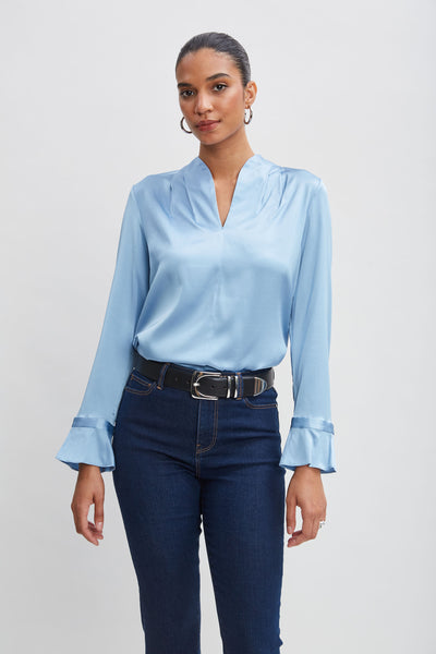 Silk Satin Contour Neck Ruffle Cuff Shirt Image 1