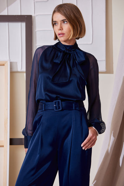 Chiffon Sleeve Silk Satin Tie Shirt Image 2