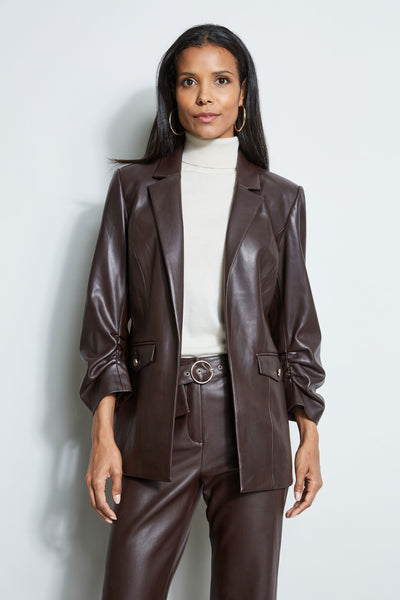 T-Tahari Vegan Leather Ruched Sleeve Blazer Image 1