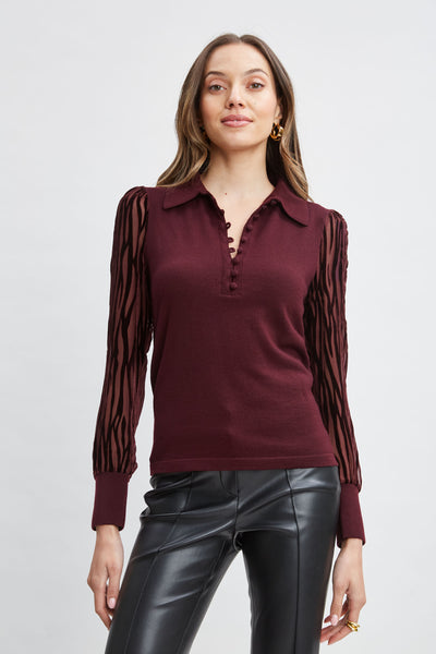 Velvet Burnout Sleeve Polo Sweater Image 1
