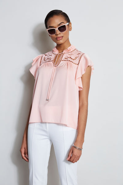 Silk Embroidered Flutter Sleeve Shirt Image 3