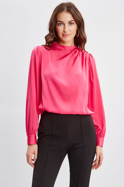 Silk Pleated Draped Neck Shirt Image 1