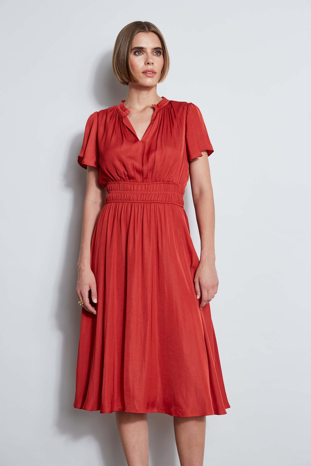 T Tahari Womens Smocked-Waist Short-Sleeve Dress - Fire Brick T Tahari Womens Smocked-Waist Short-Sleeve Dress - Fire Brick