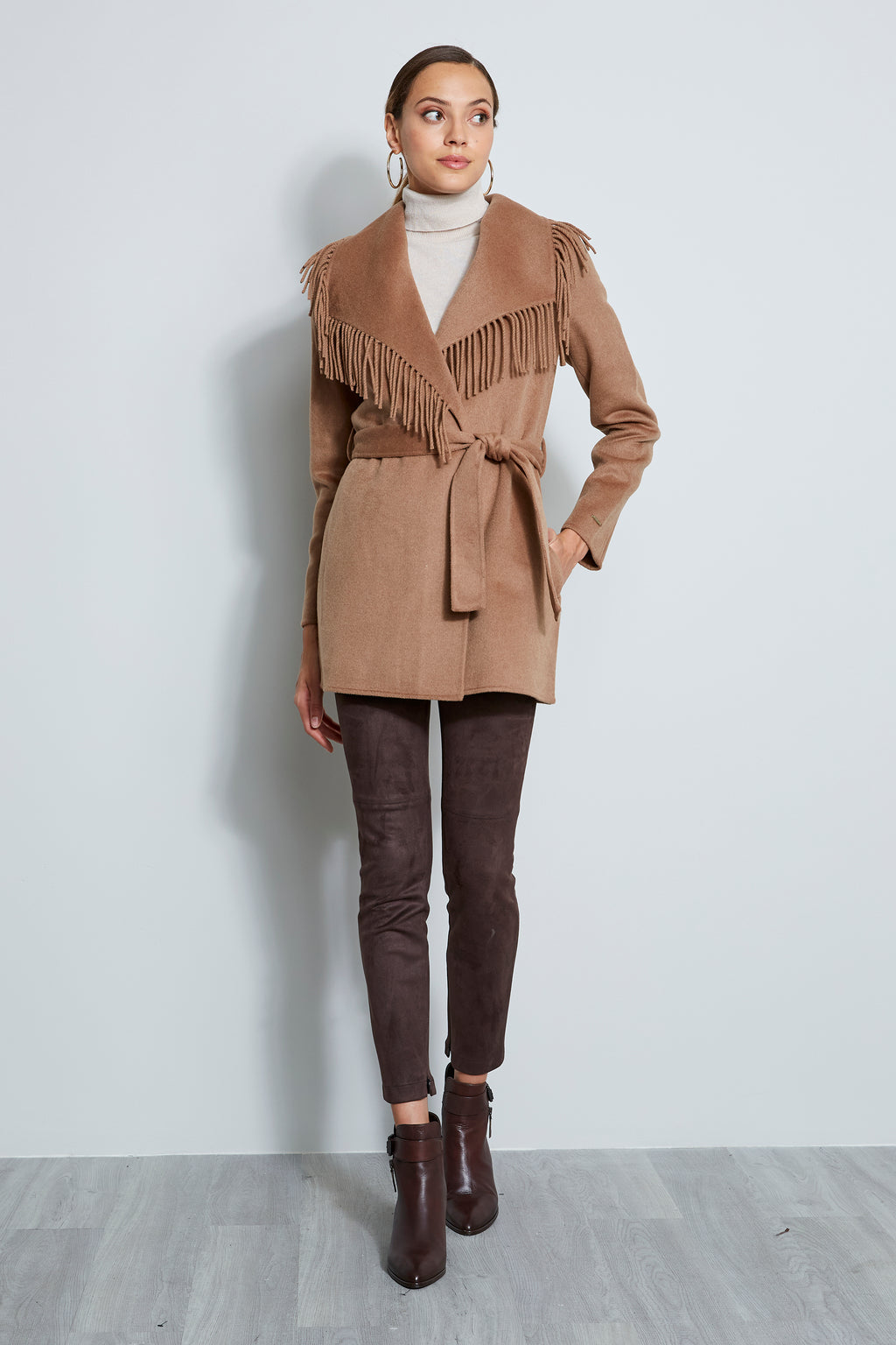 Tahari Fringe Double Face Wool Blend Coat
