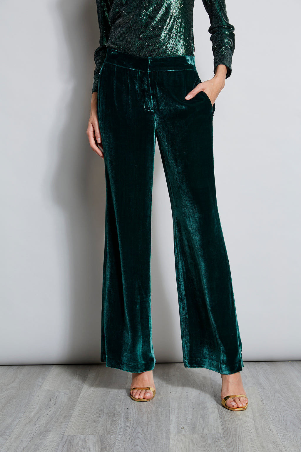 The Elegant Straight Leg Velvet Pants - Women's Green Velvet High Waisted  Slim Pants - Dark Green - Bottoms, RIHOAS
