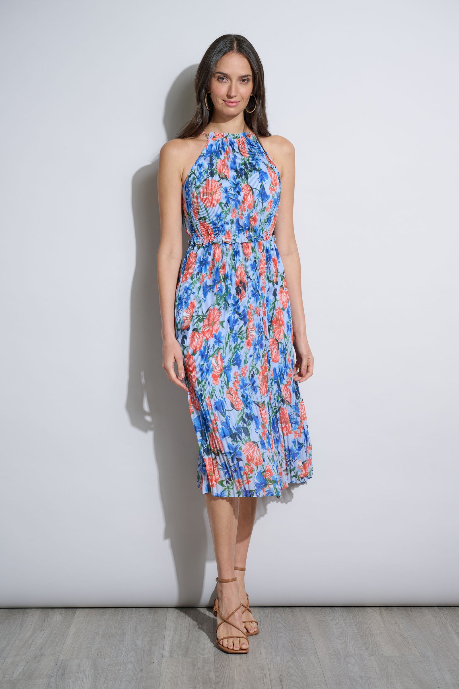 sachin and babi light blue dress Floral Halter Pleated Midi Dress – Elie Tahari