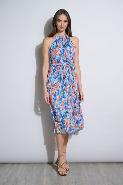 Floral Halter Pleated Midi Dress Image 1
