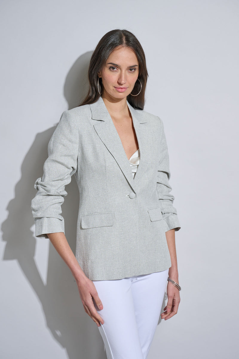 Plaid Ruched Sleeve Linen Blazer