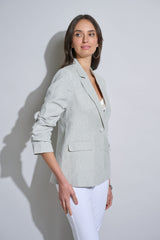 Plaid Ruched Sleeve Linen Blazer