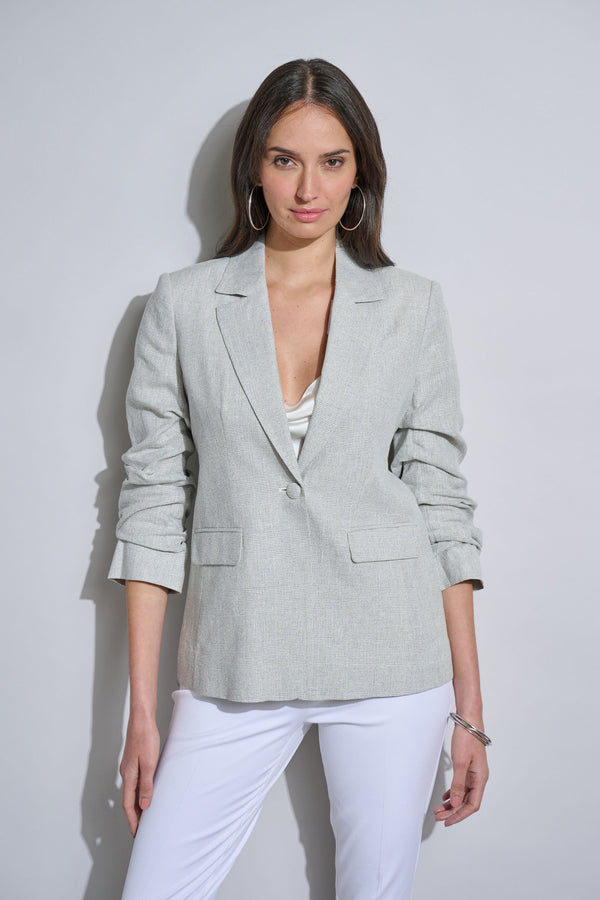 Plaid Ruched Sleeve Linen Blazer