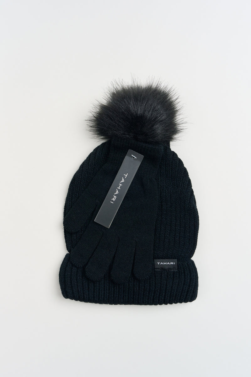 Lined Faux Fur Pom Beanie & Glove Set