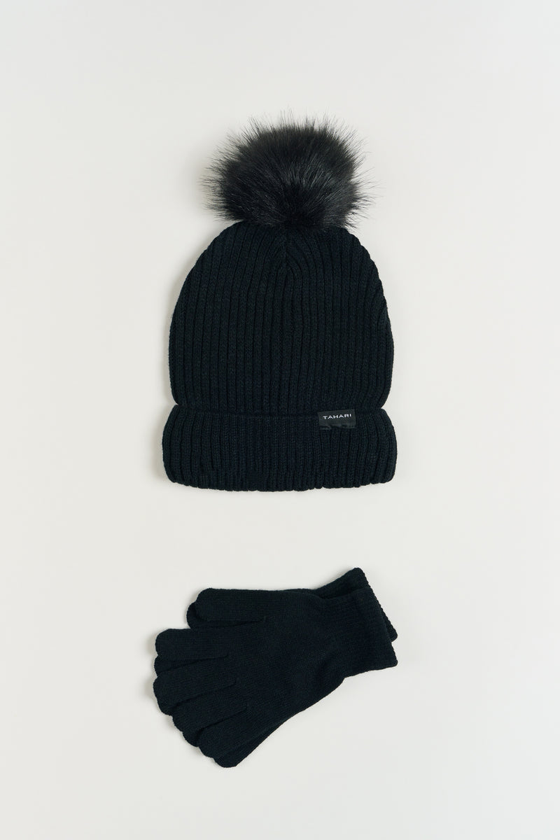 Lined Faux Fur Pom Beanie & Glove Set