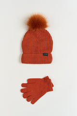 Lined Faux Fur Pom Beanie & Glove Set
