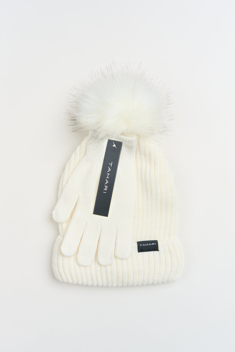 Lined Faux Fur Pom Beanie & Glove Set