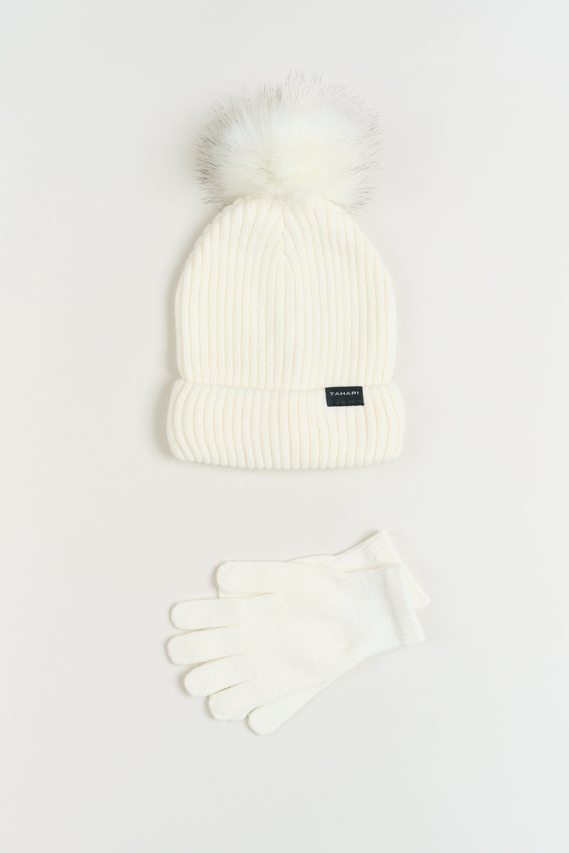 Lined Faux Fur Pom Beanie & Glove Set