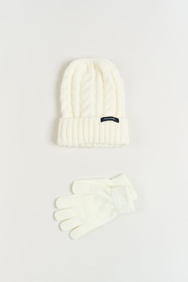 Tahari Cable Knit Beanie Hat & Gloves