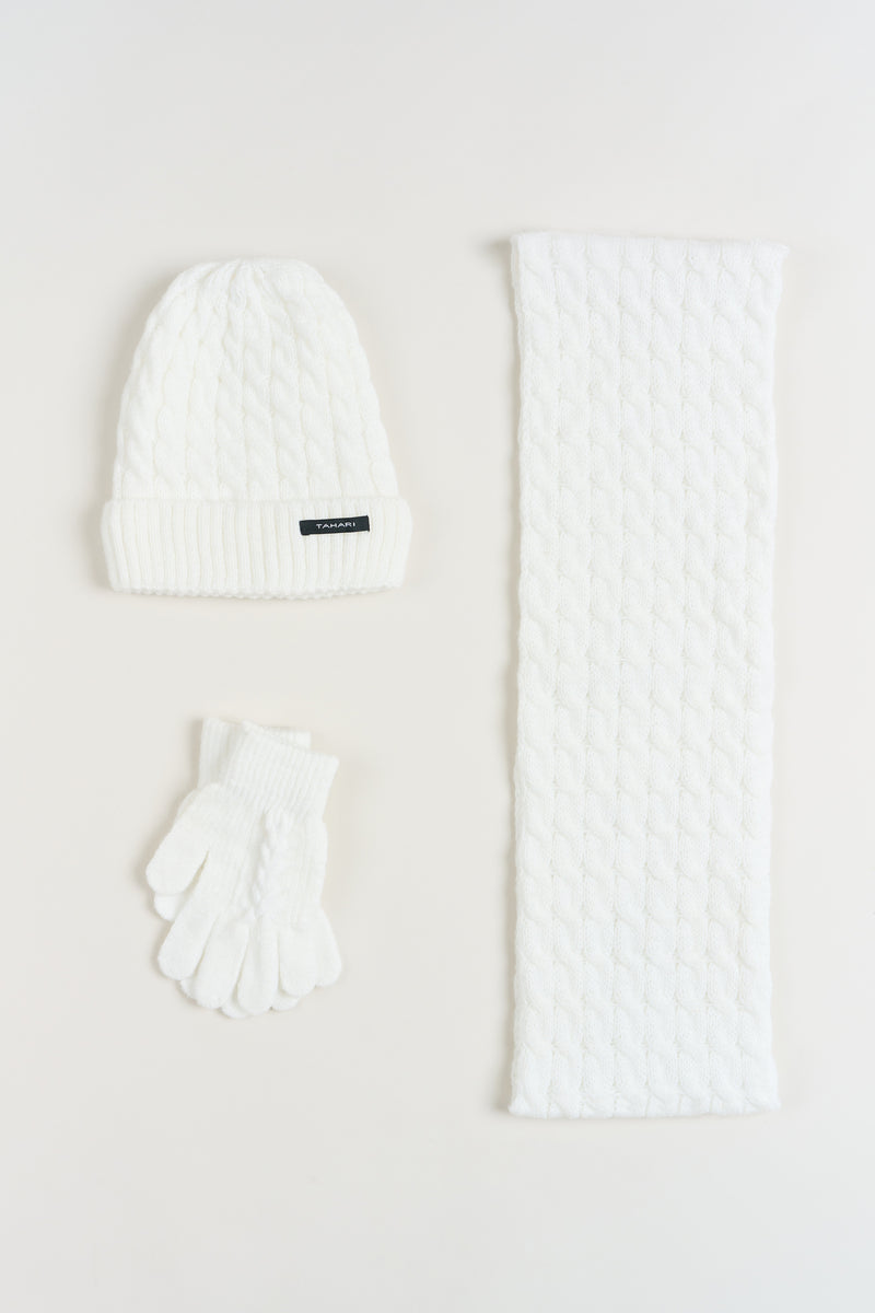 Lined Cable Knit Hat, Gloves & Scarf Set