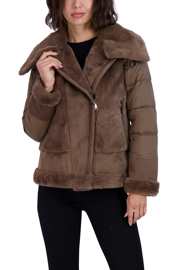 Tahari Faux Fur Asymmetric Zip Coat