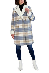 Tahari Plaid Shearling Double Breasted Coat
