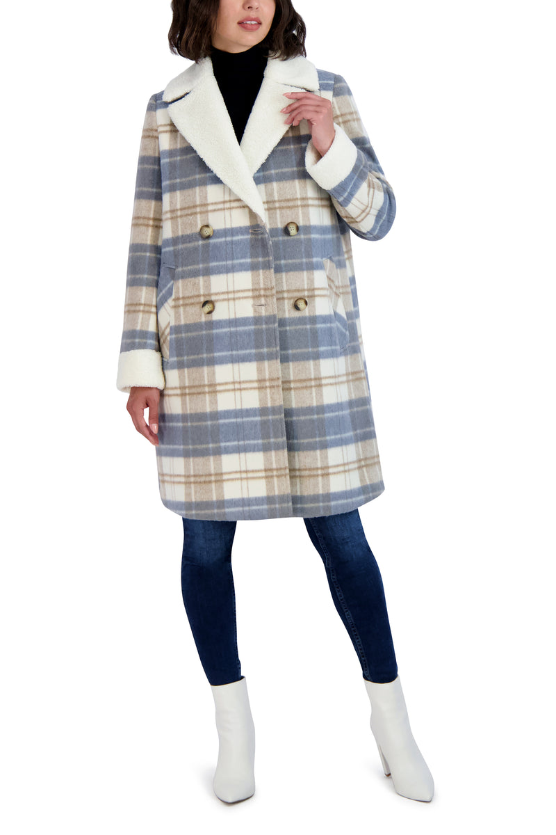 Tahari Plaid Shearling Double Breasted Coat