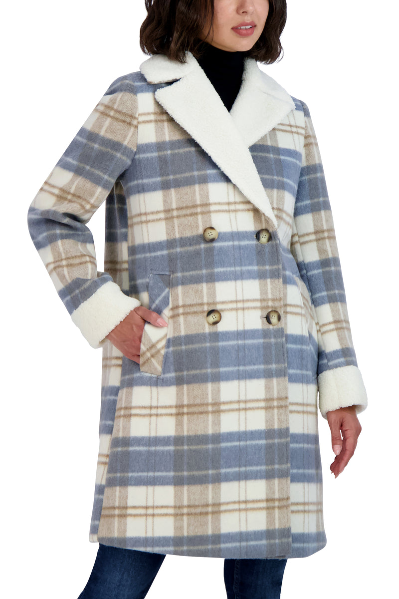 Tahari Plaid Shearling Double Breasted Coat