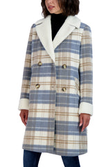 Tahari Plaid Shearling Double Breasted Coat