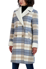 Tahari Plaid Shearling Double Breasted Coat