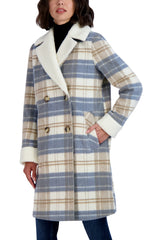 Tahari Plaid Shearling Double Breasted Coat