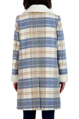 Tahari Plaid Shearling Double Breasted Coat
