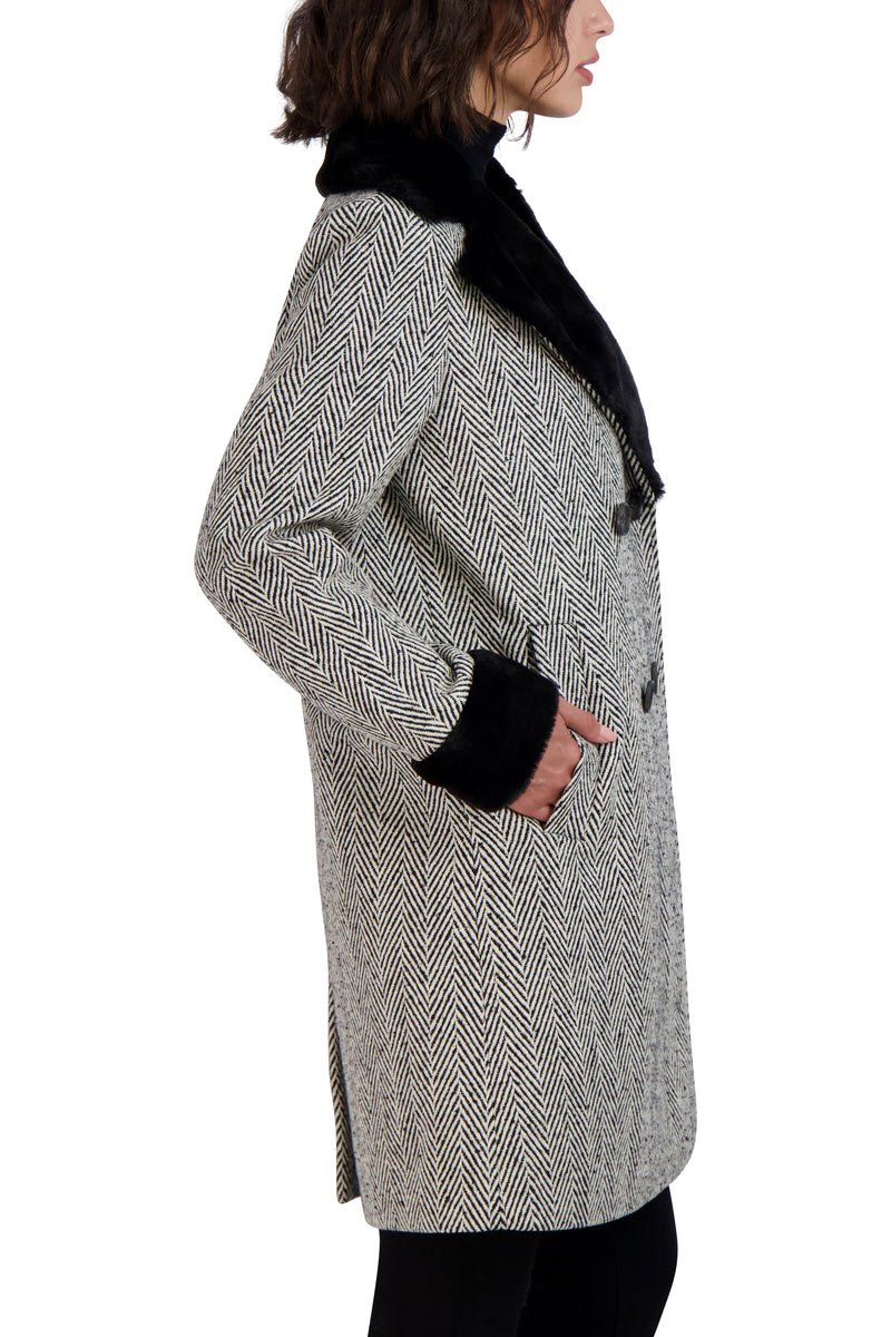 Tahari Herringbone Shearling Double Breasted Coat