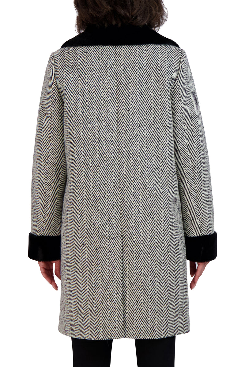 Tahari Herringbone Shearling Double Breasted Coat