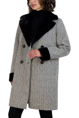 Tahari Herringbone Shearling Double Breasted Coat