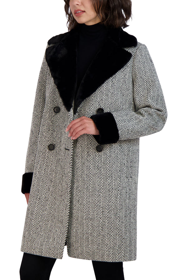 Tahari Herringbone Shearling Double Breasted Coat