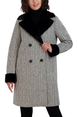 Tahari Herringbone Shearling Double Breasted Coat