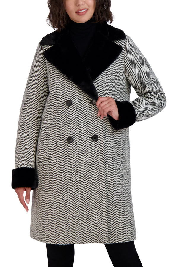Tahari Herringbone Shearling Double Breasted Coat