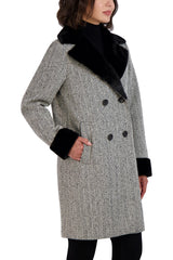 Tahari Herringbone Shearling Double Breasted Coat
