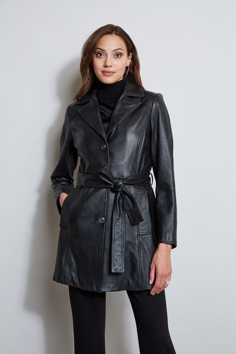 Tahari Leather Belted Topper Coat