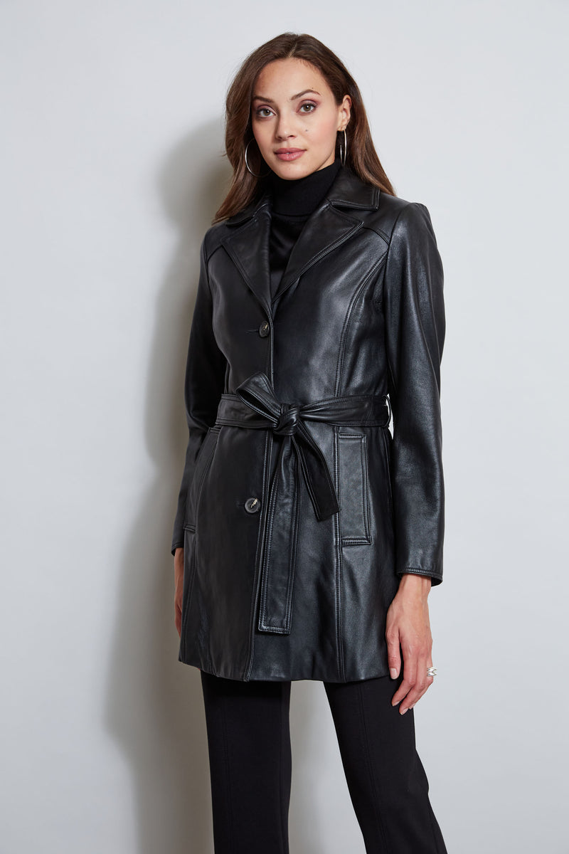 Tahari Leather Belted Topper Coat