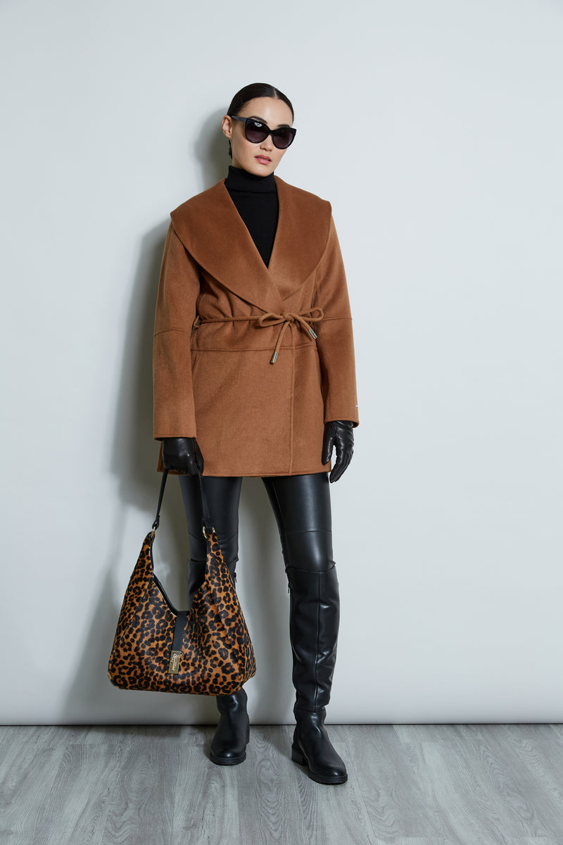 Caramel Shawl Collar Wrap Front Belted Short Coat