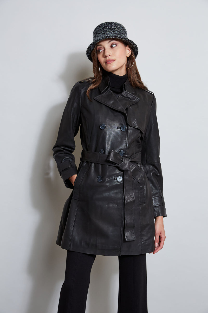 Tahari Leather Double Breasted Trench Coat