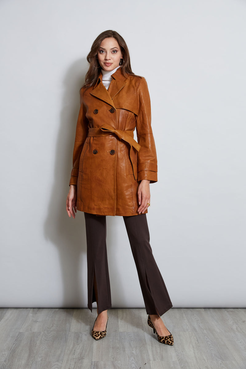 Tahari Leather Double Breasted Trench Coat