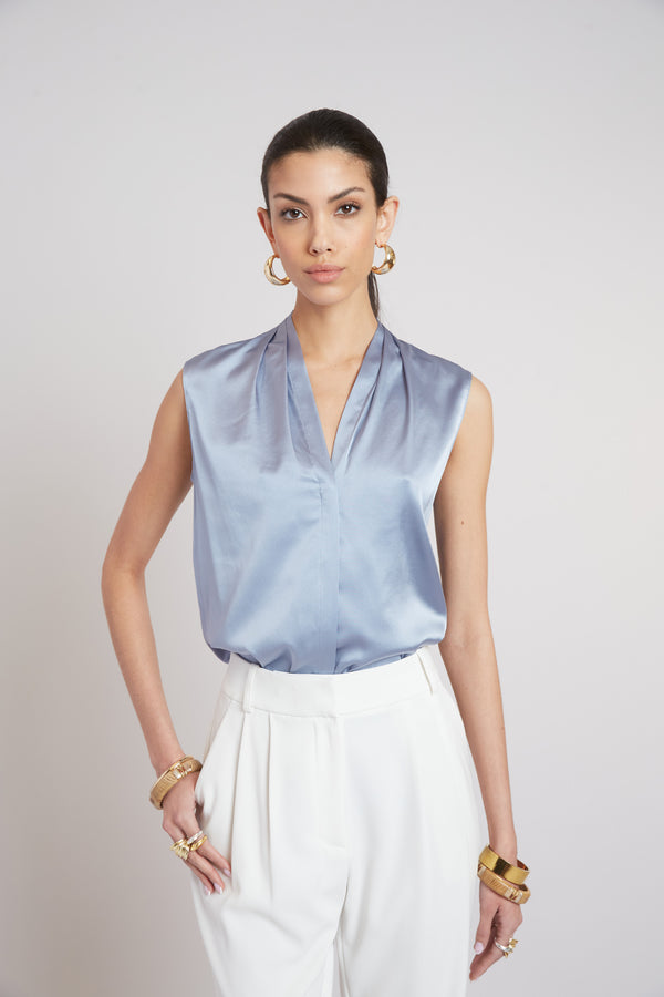 Sleeveless Silk Button Down Shirt
