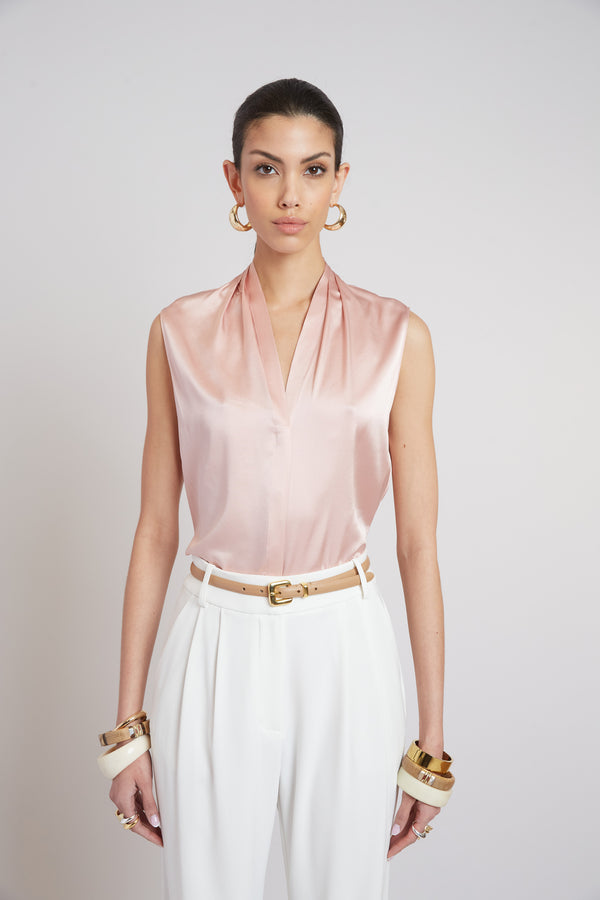 Sleeveless Silk Button Down Shirt