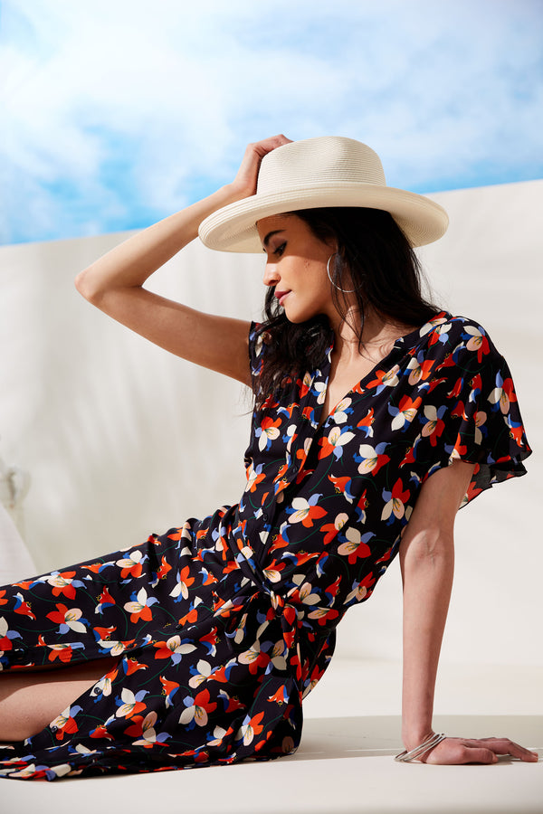 Floral Flutter Sleeve Shirt Dress