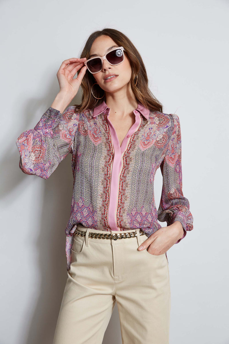 pink scarf print shirt